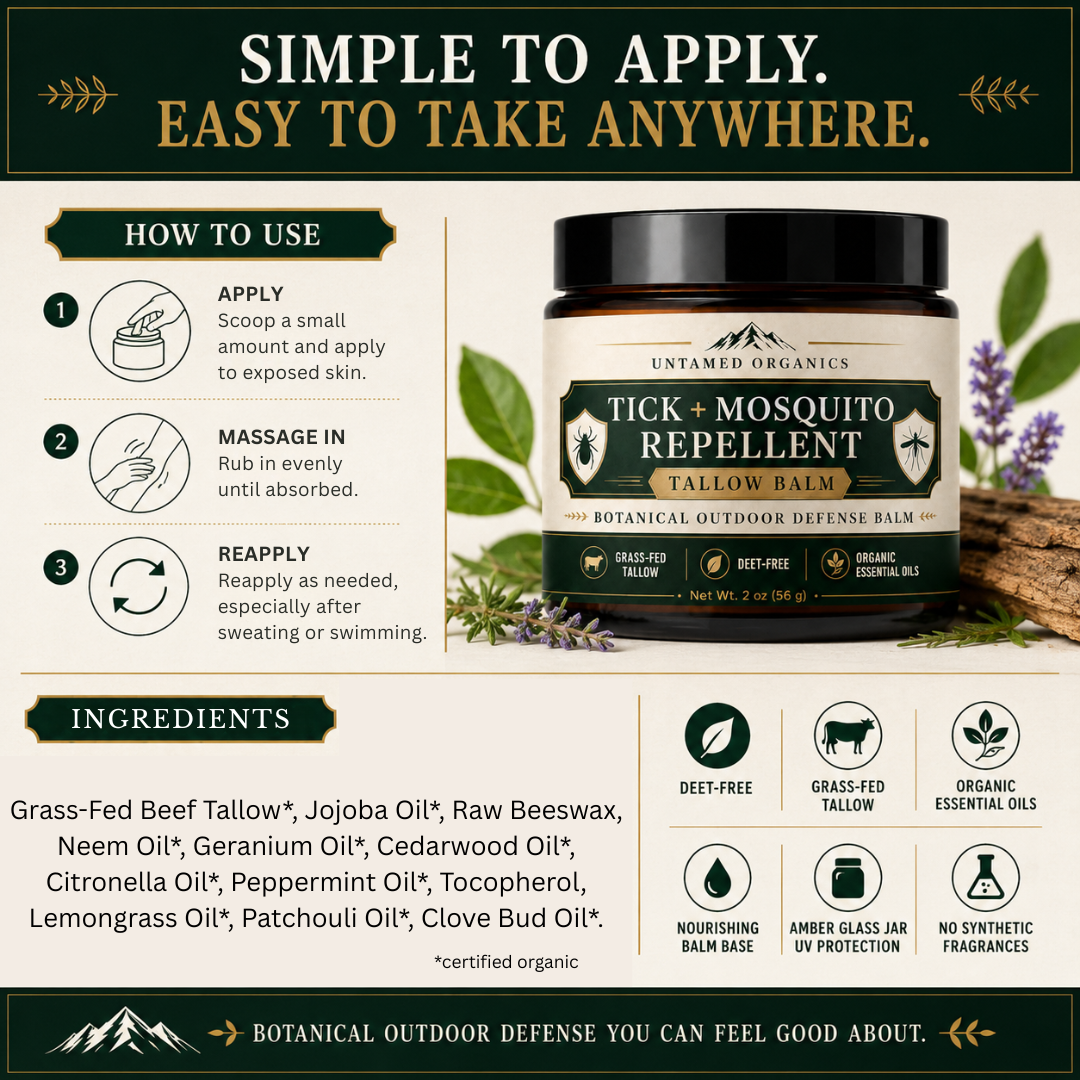 Tick and mosquito repellent balm with application instructions and ingredients listed.