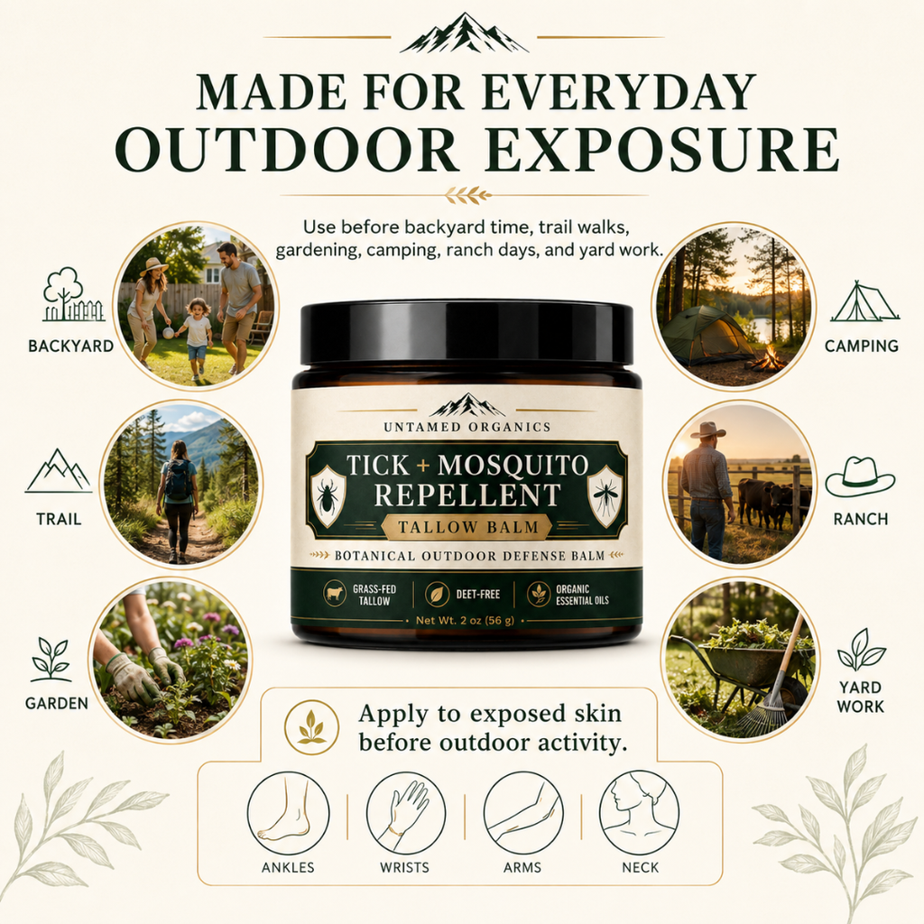 Tick and mosquito repellent balm packaging with outdoor usage scenarios on a white background
