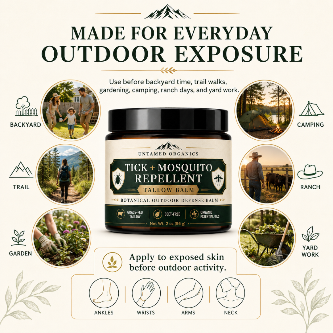 Tick and mosquito repellent balm packaging with outdoor usage scenarios on a white background