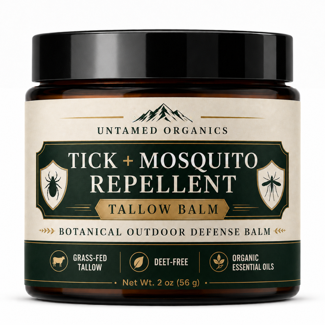 Jar of Untamed Organics Tick + Mosquito Repellent Tallow Balm on a white background
