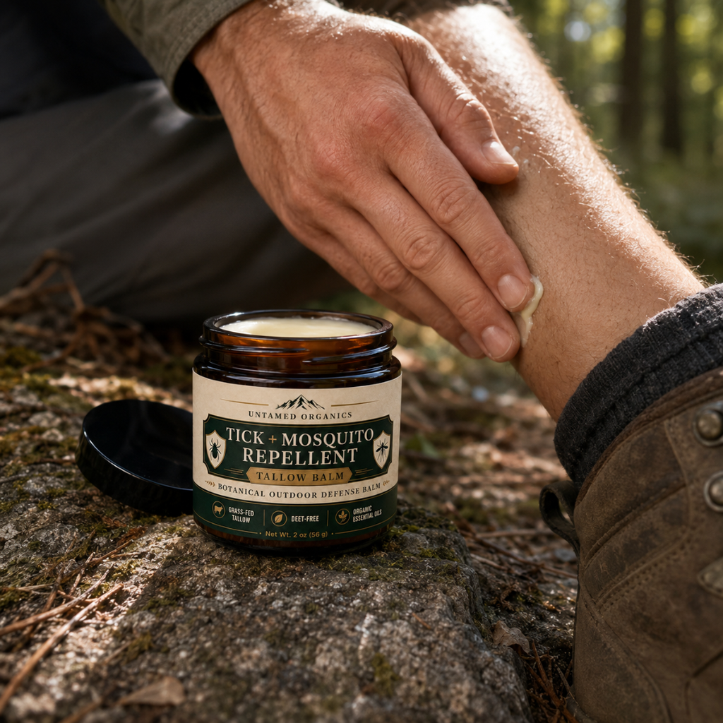 Person applying tick and mosquito repellent balm to their arm with a jar of the product on a rock in a forest setting.