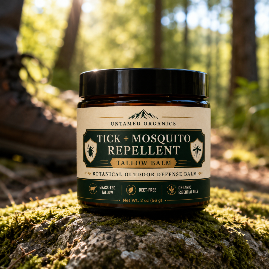 Tick and mosquito repellent balm jar on a forest floor with hiking boots in the background