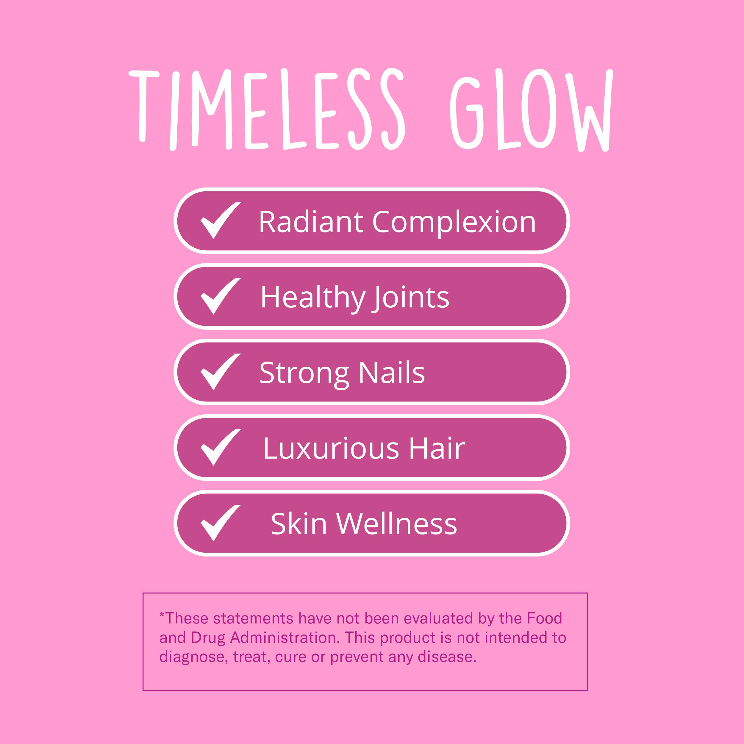 Pink background with 'Timeless Glow' text and listed benefits on a pink background