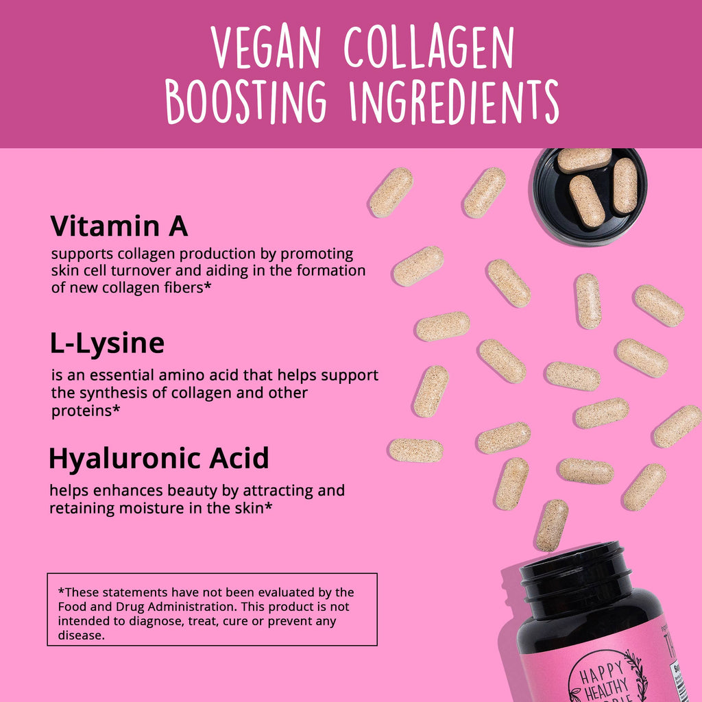 Vegan collagen boosting ingredients with capsules on a pink background