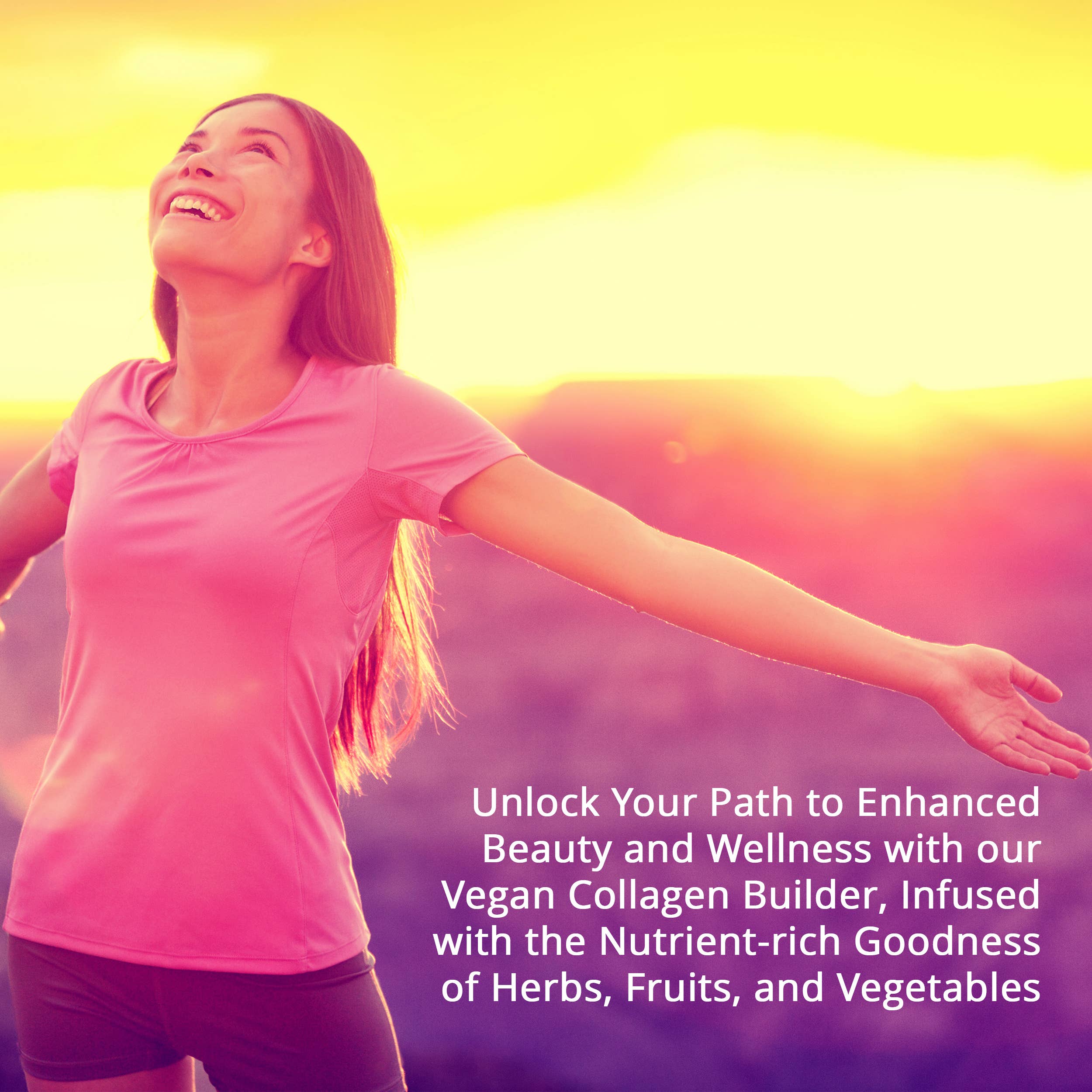 Woman in pink shirt with open arms against a colorful background, promoting a vegan collagen builder product.
