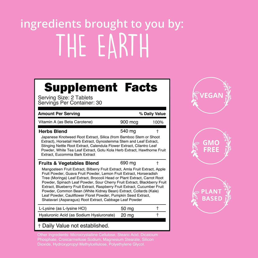 Supplement facts label on a pink background with 'The Earth' branding.