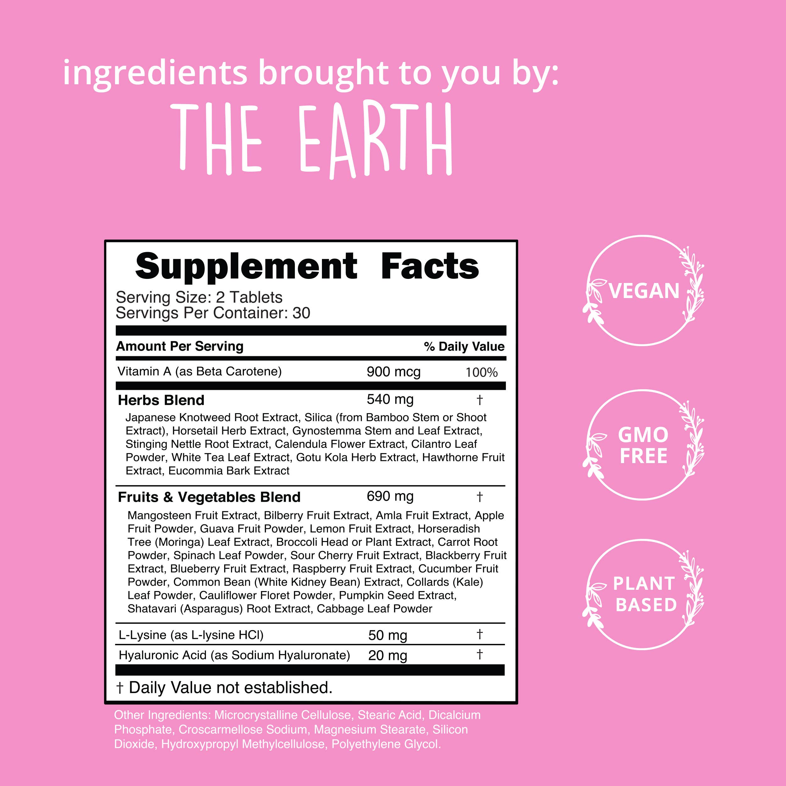 Supplement facts label on a pink background with 'The Earth' branding.