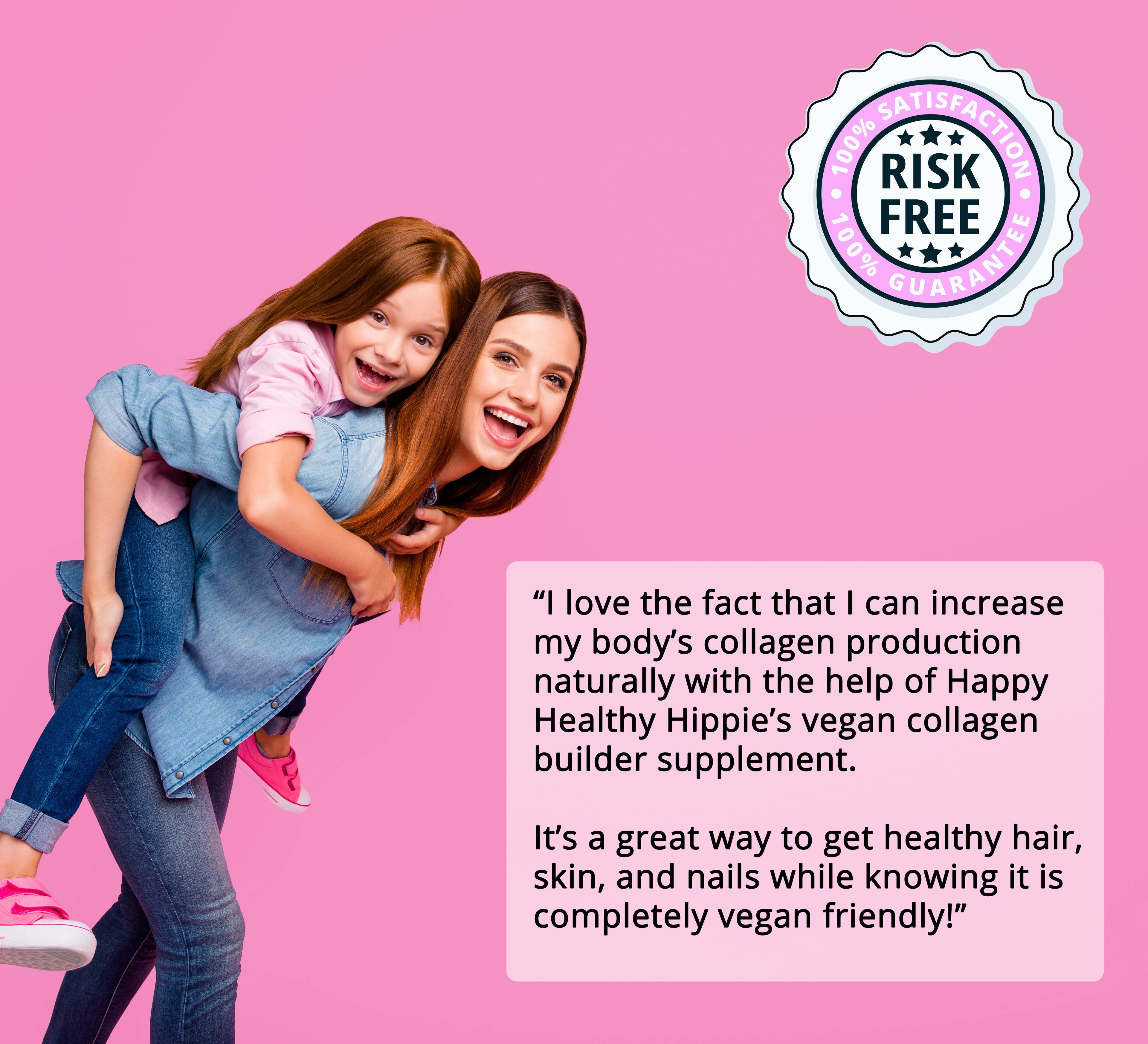Woman and child on a pink background with a supplement brand logo and text.