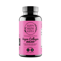Vegan collagen builder supplement bottle with pink label on a pink background