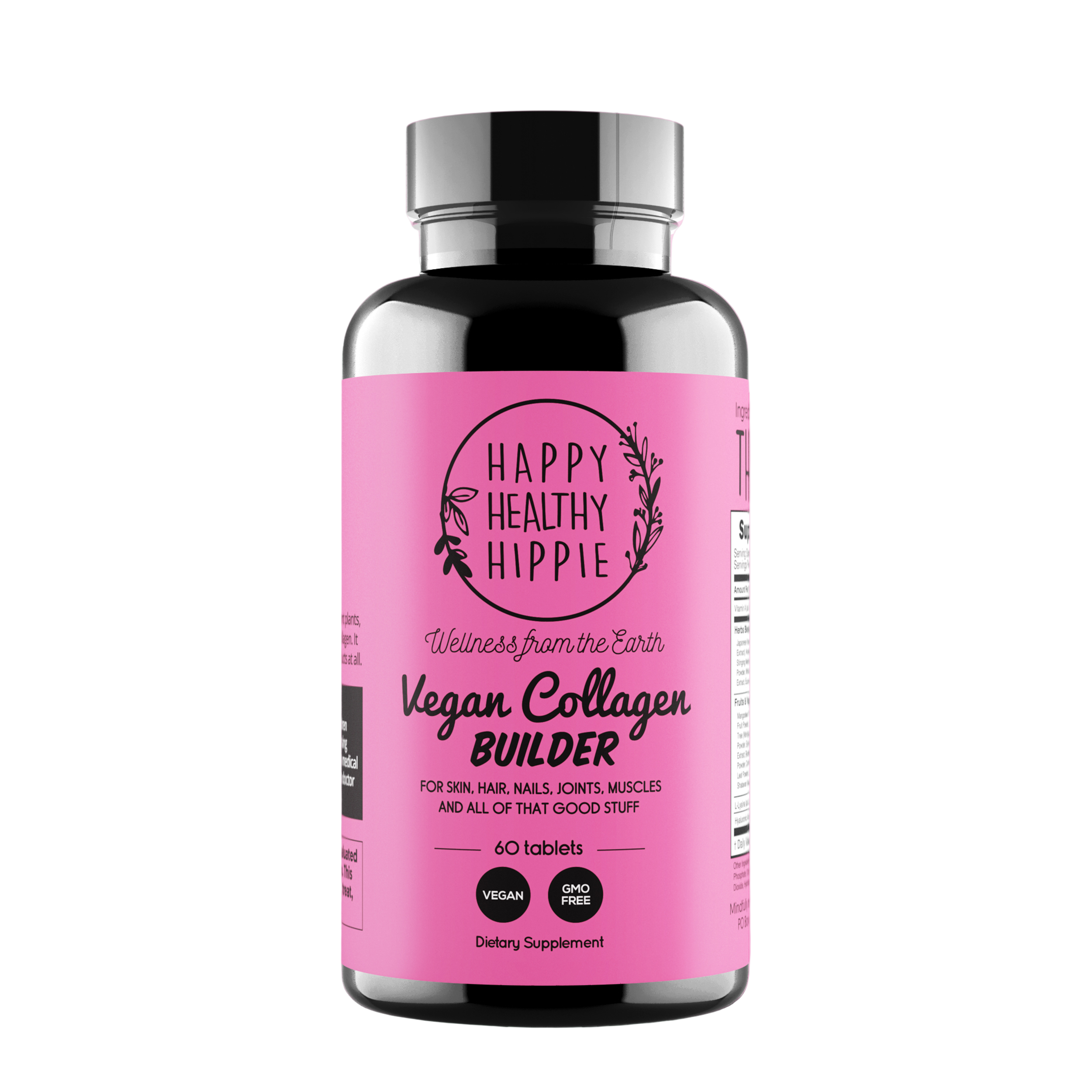 Vegan collagen builder supplement bottle with pink label on a pink background