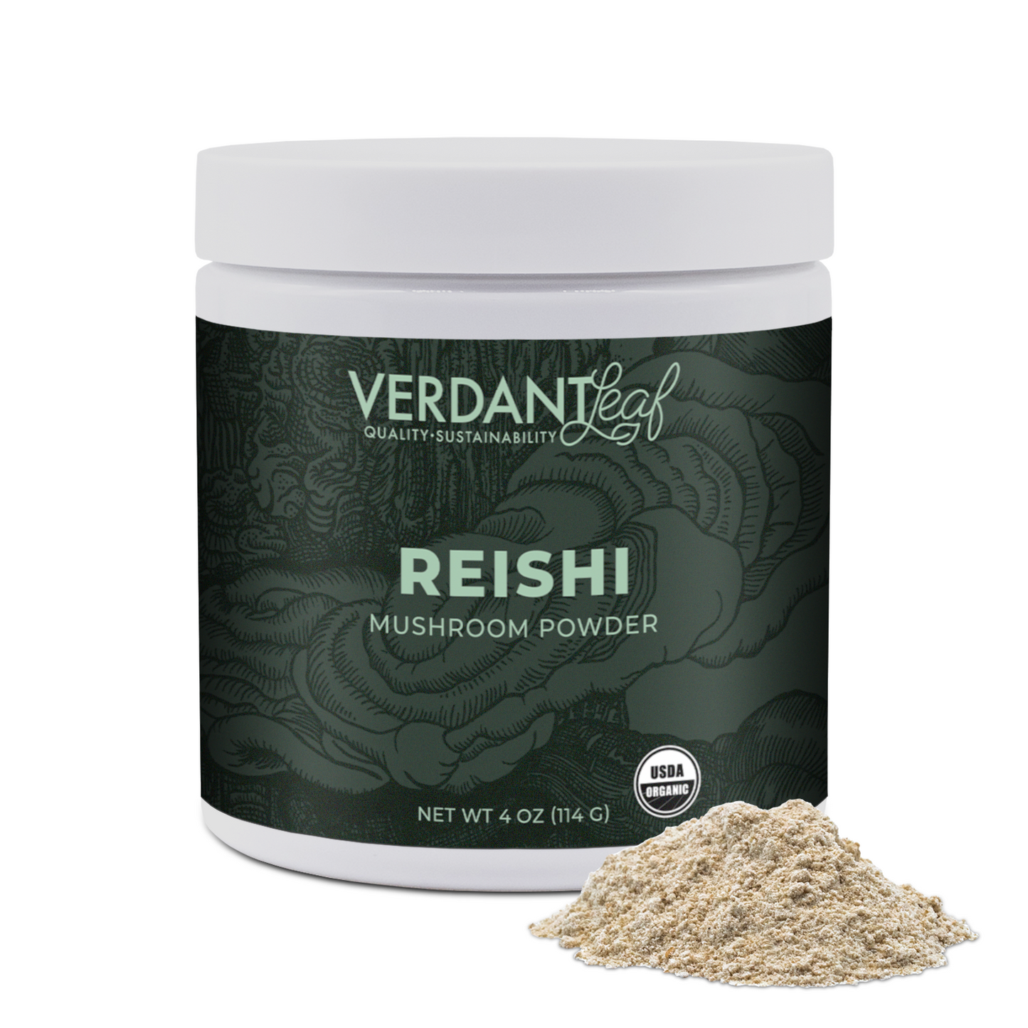 Verdant Leaf Reishi mushroom powder container with powder on a white background