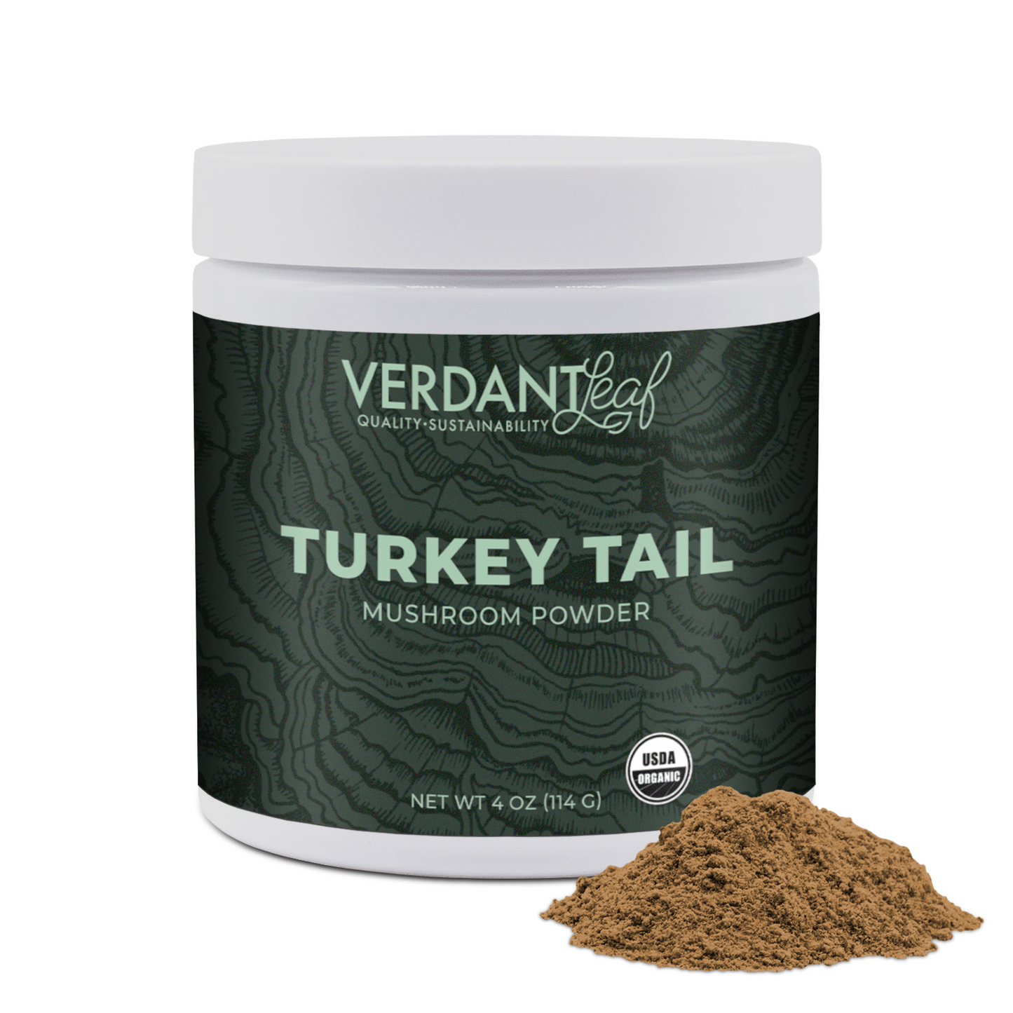 Verdant Leaf Turkey Tail mushroom powder container with powder spilling out on a white background