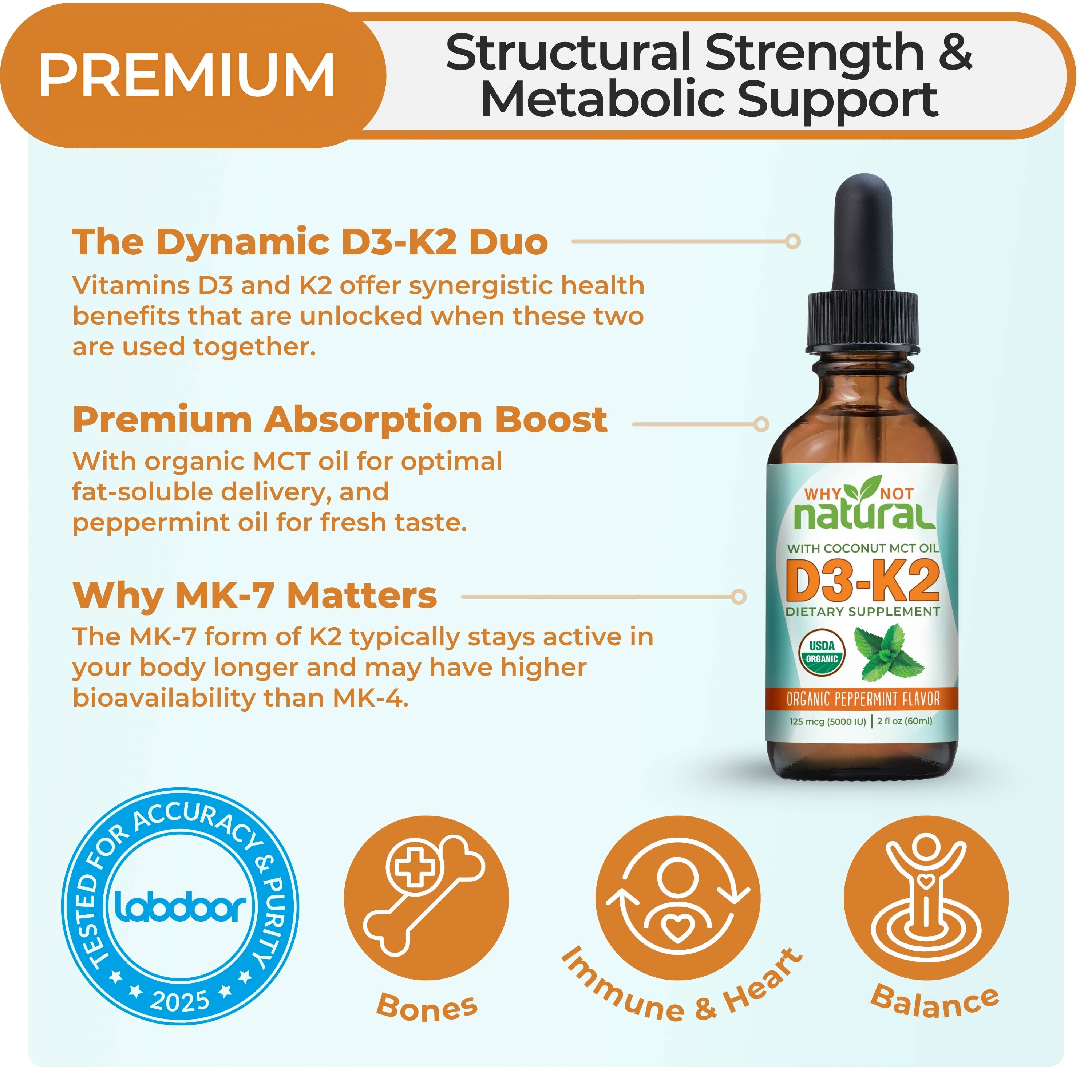 D3-K2 dietary supplement bottle with text on structural strength and metabolic support on a light blue background.