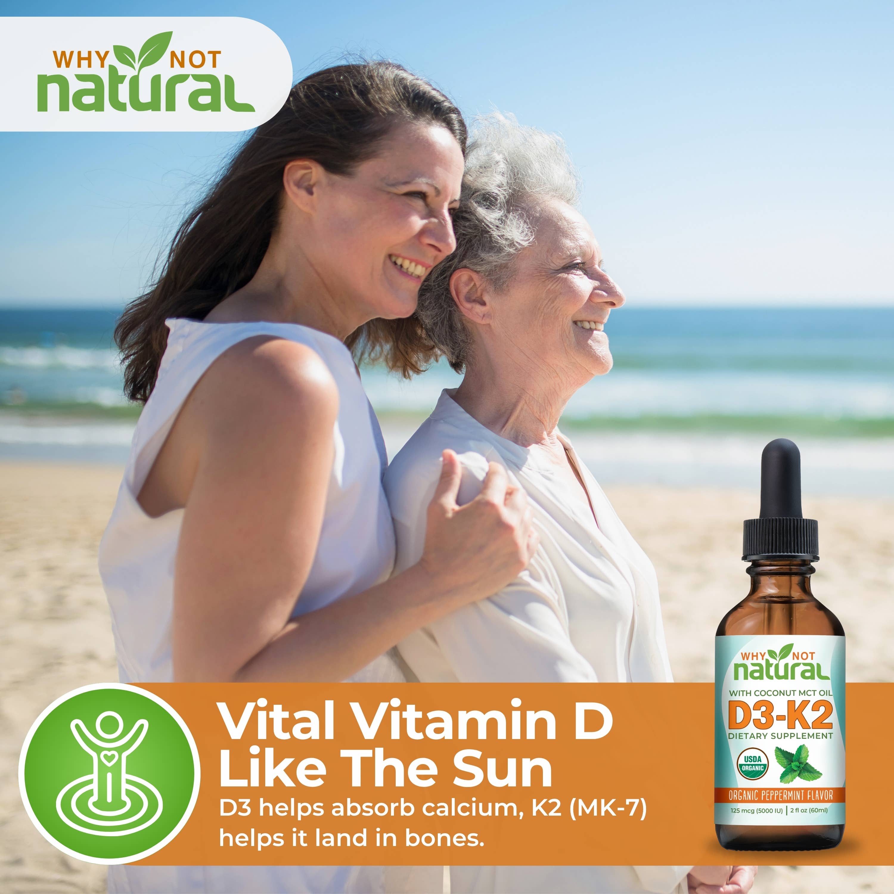 Two women on a beach with a bottle of Vital Vitamin D supplement from Why Not Natural.