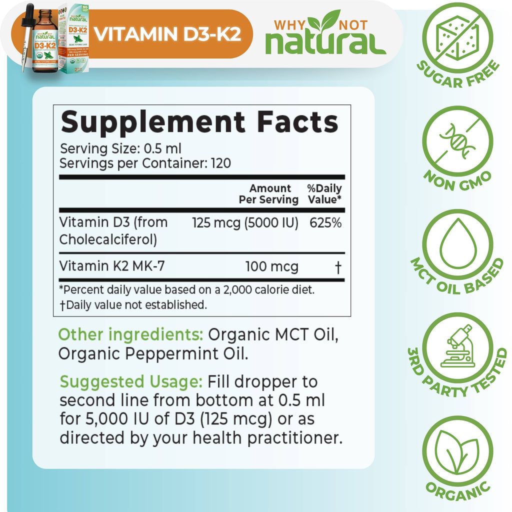 Supplement facts label for Vitamin D3-K2 with 'Why Not Natural' branding on a light blue background.