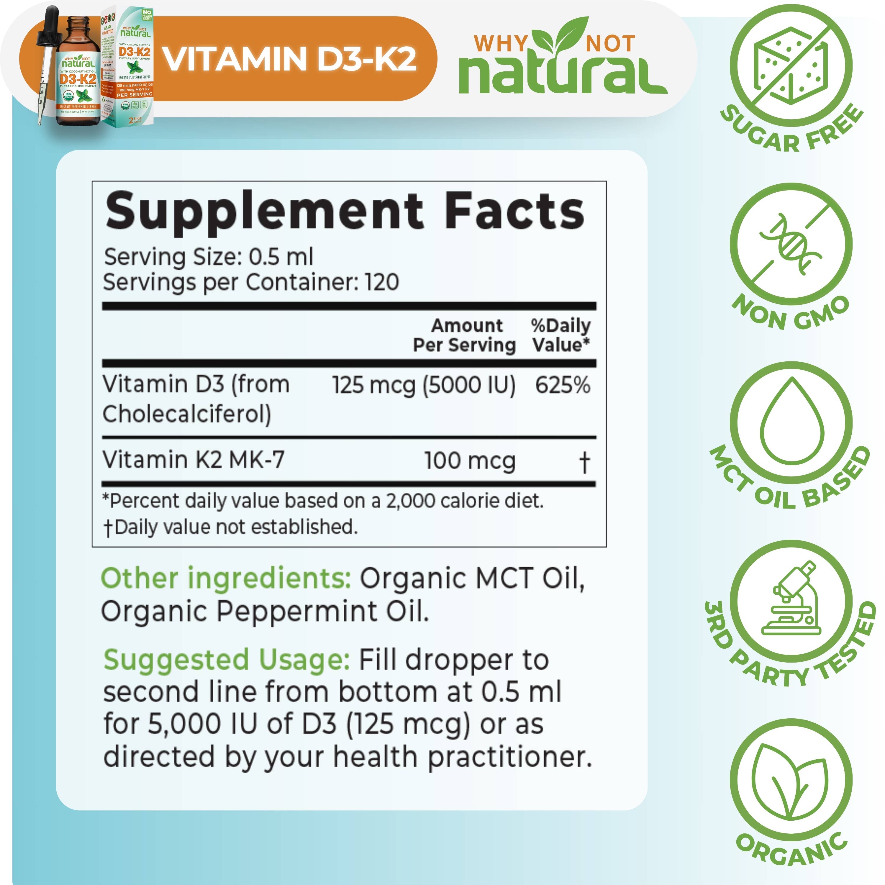 Supplement facts label for Vitamin D3-K2 with 'Why Not Natural' branding on a light blue background.