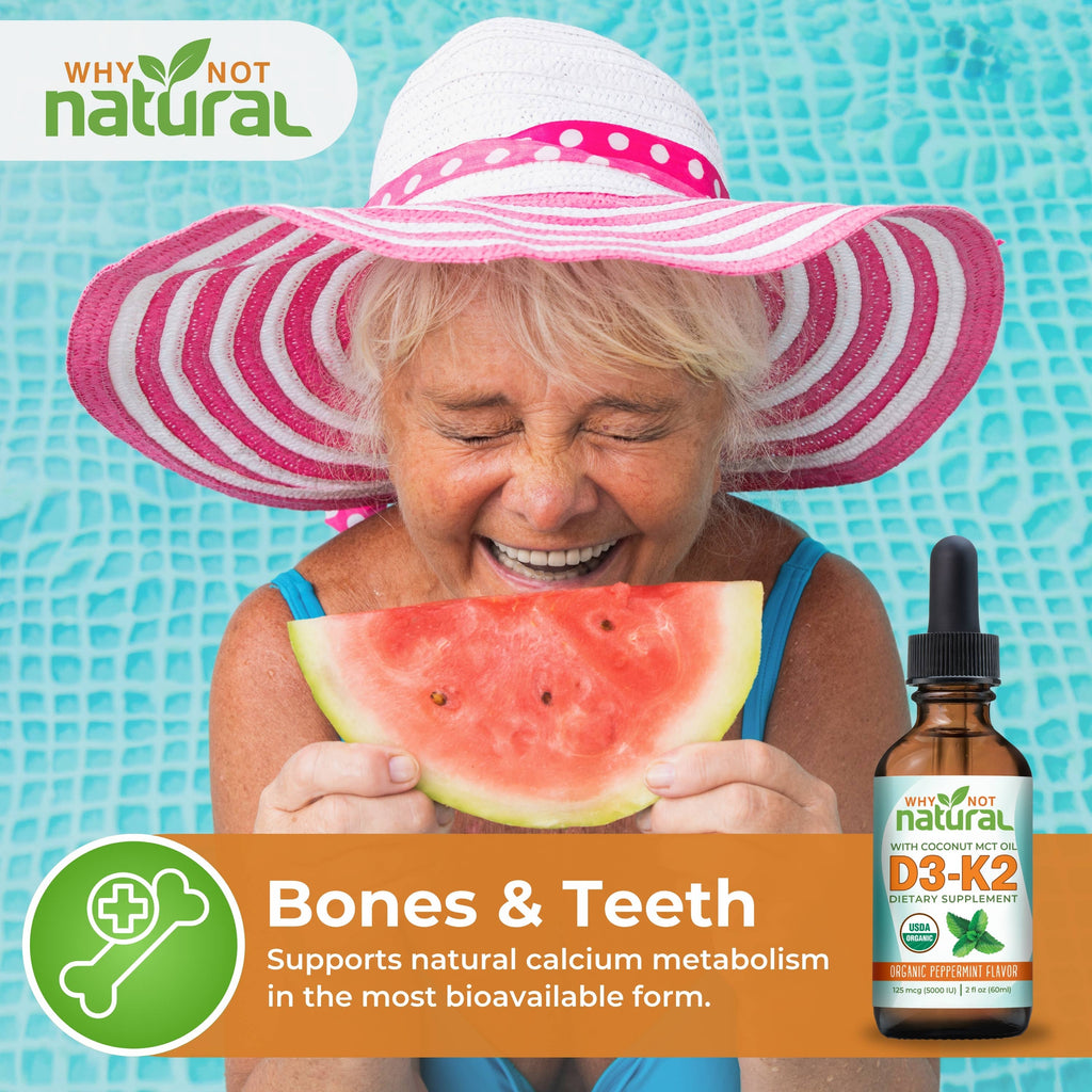 Woman with a pink sun hat holding watermelon next to a bottle of 'Why Not Natural' D3-K2 supplement against a pool background.