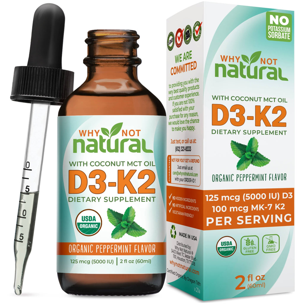 Why Not Natural D3-K2 dietary supplement bottle and packaging with dropper.