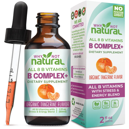 B-complex supplement bottle and packaging with dropper on a white background
