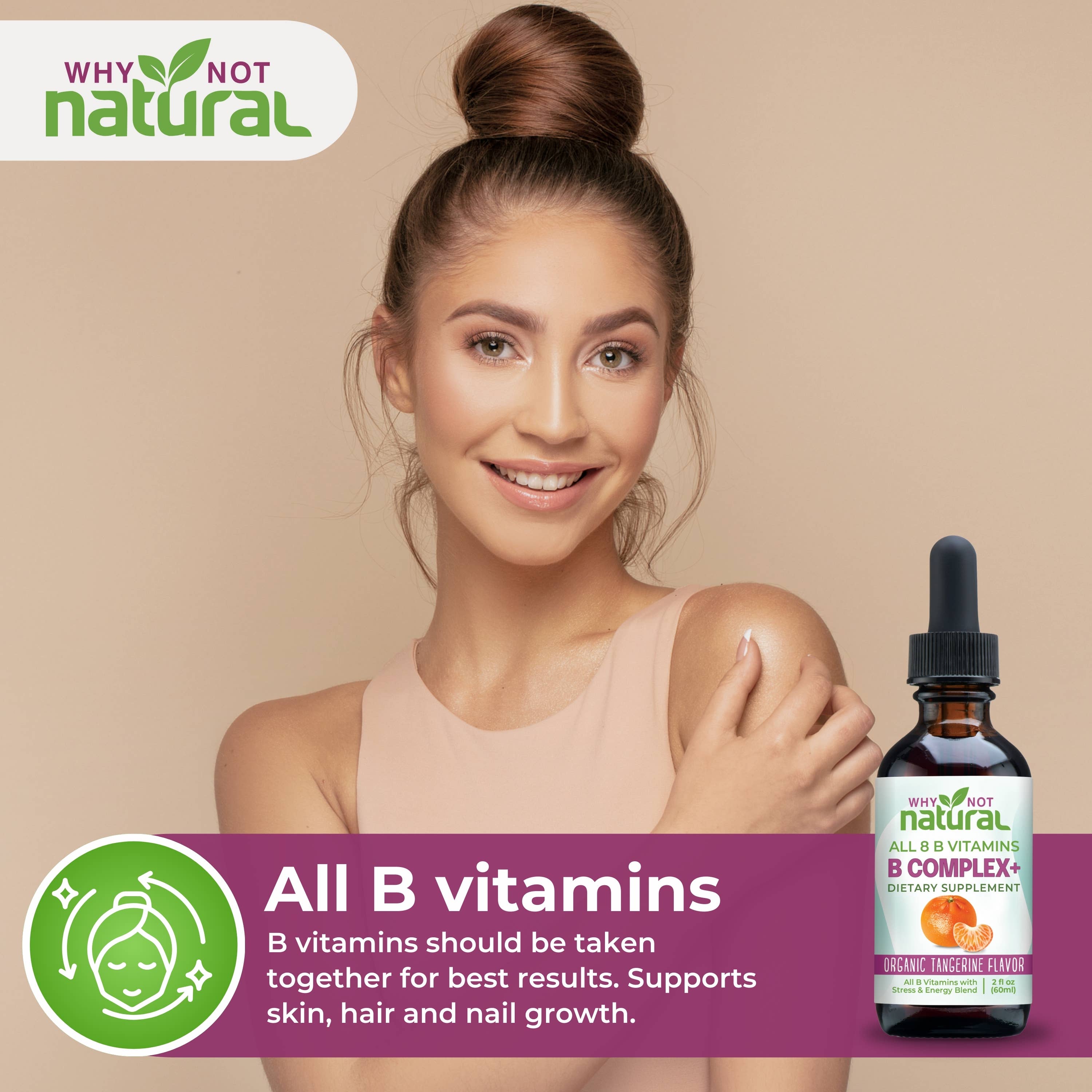 Woman with a bottle of 'Why Not Natural' B vitamins supplement on a beige background