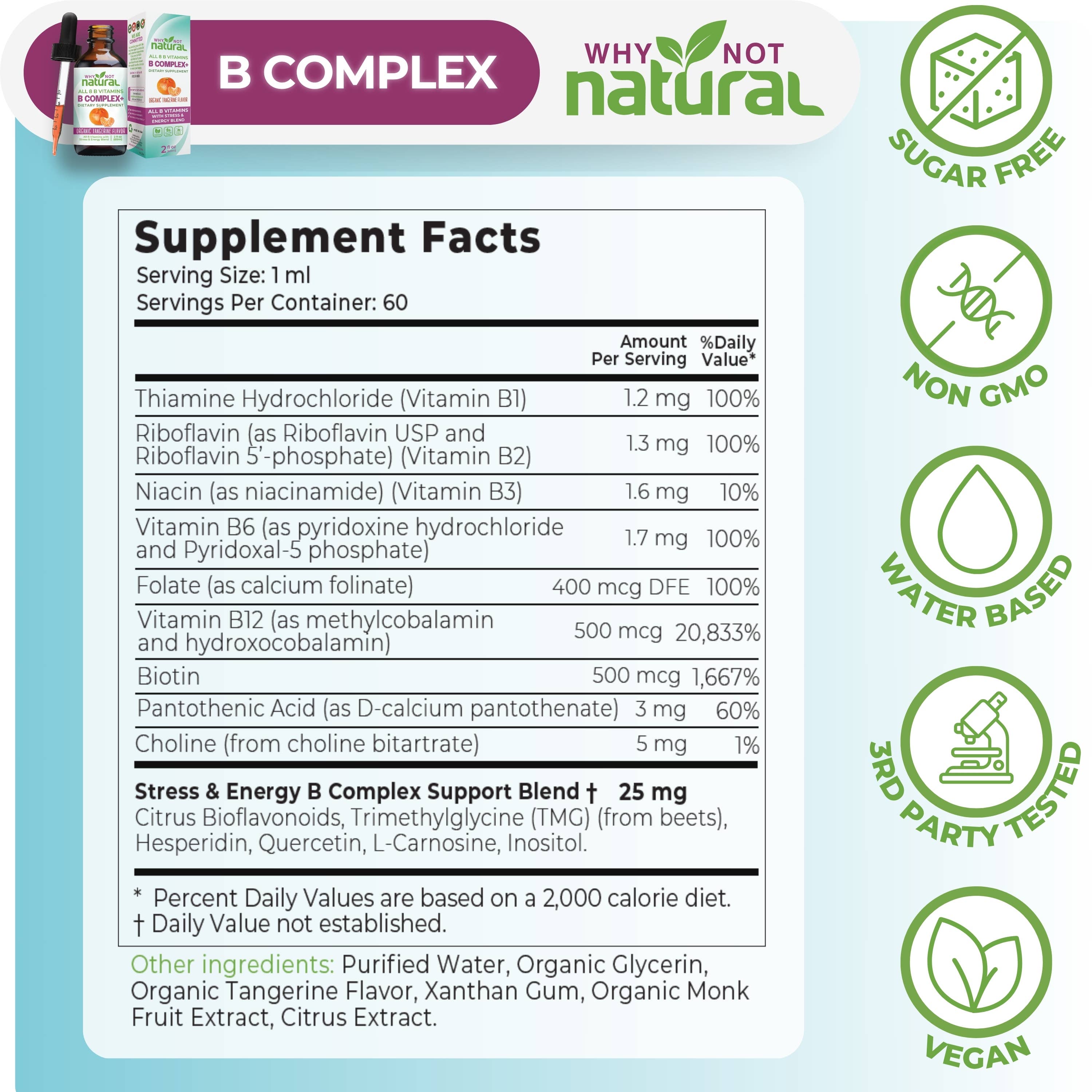 Supplement label for B Complex from Why Not Natural with supplement facts and icons on a light blue background.