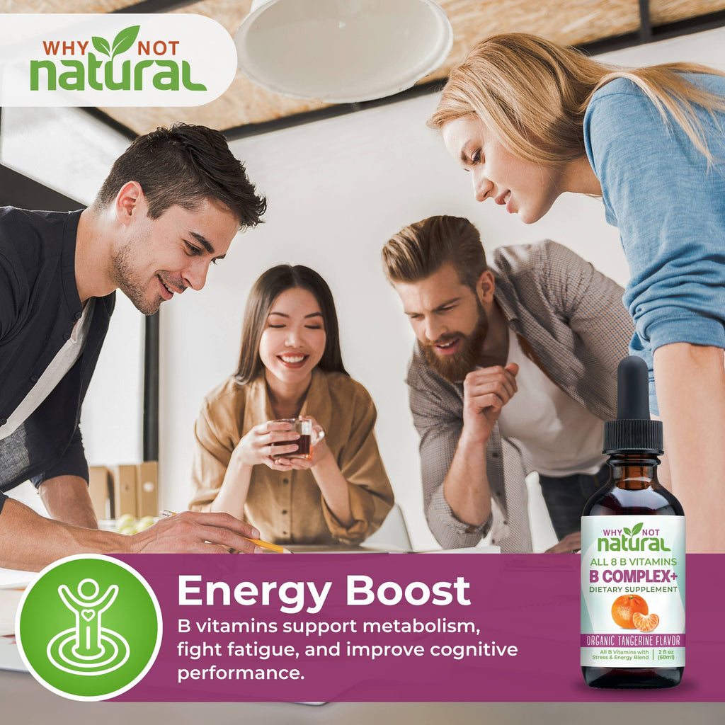 Advertisement for 'Why Not Natural' vitamins with people in a kitchen setting.