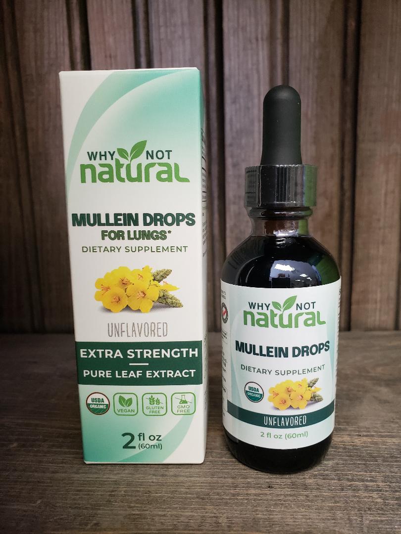 Why Not Natural Mullein Drops dietary supplement bottle and packaging on a wooden surface
