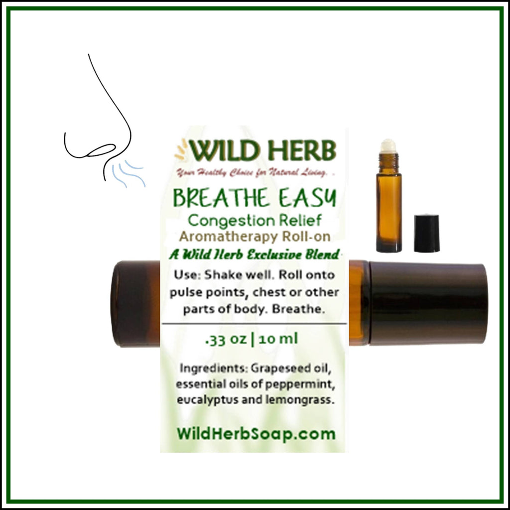 Wild Herb Breathe Easy aromatherapy roll-on with packaging details on a white background