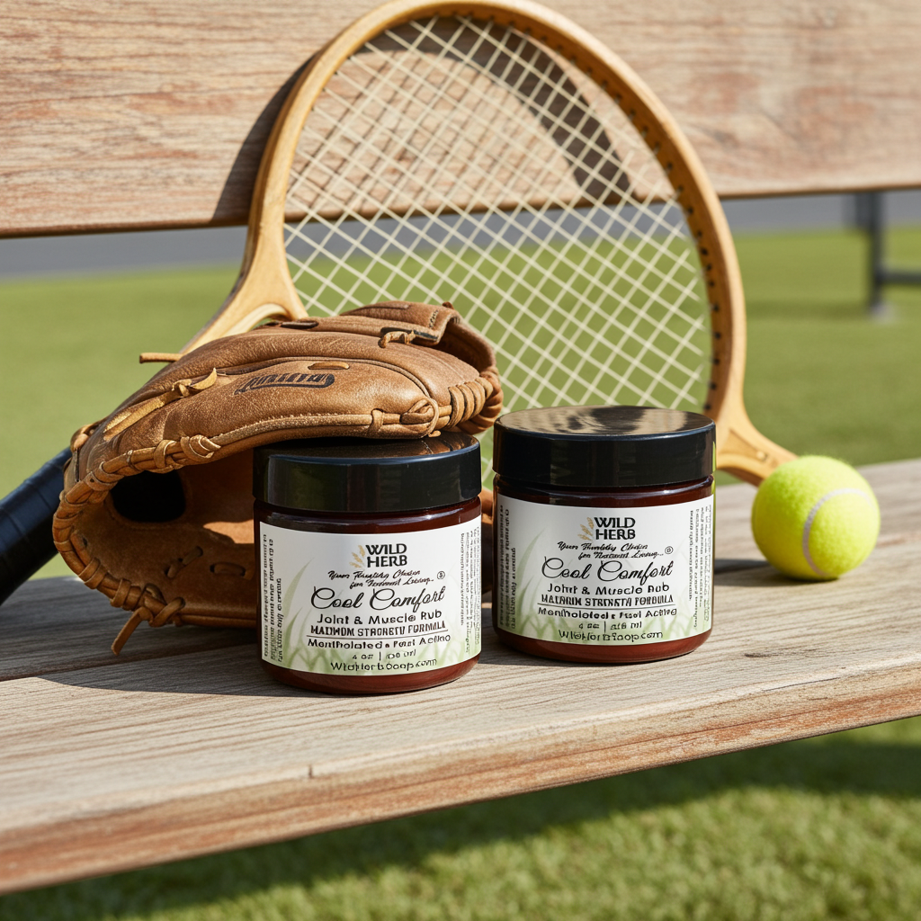 Two jars of Cool Comfort cream on a wooden bench with a tennis racket, ball, and glove in the background.
