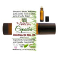 Wild Herb Copaiba Essential Oil Roll-On shown with its amber glass bottle, black cap, and a large product information card on a white background.