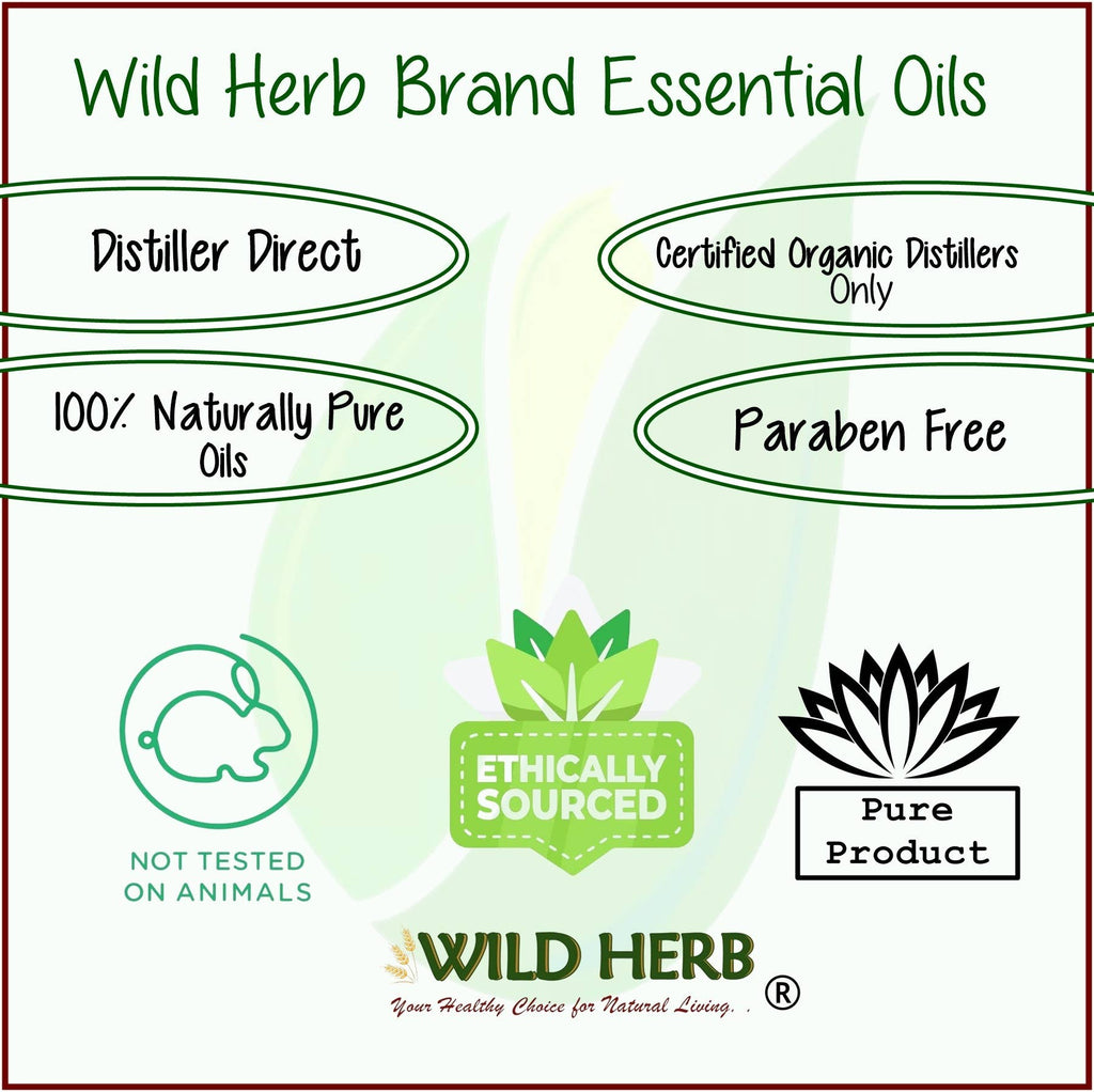 Wild Herb Brand Essential Oils with certification badges on a light green background