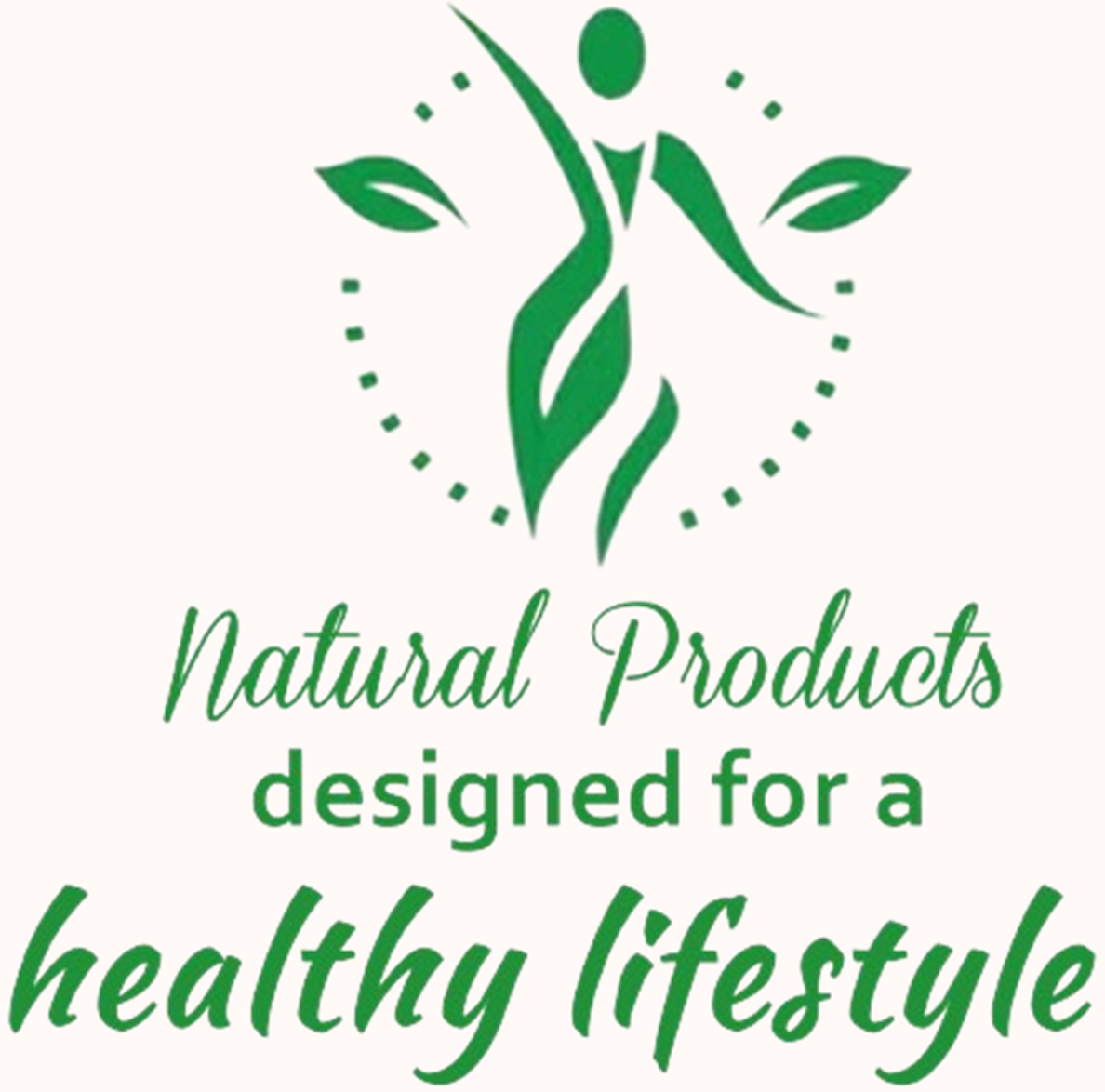 Logo for natural products designed for a healthy lifestyle with green leaves and a person icon.