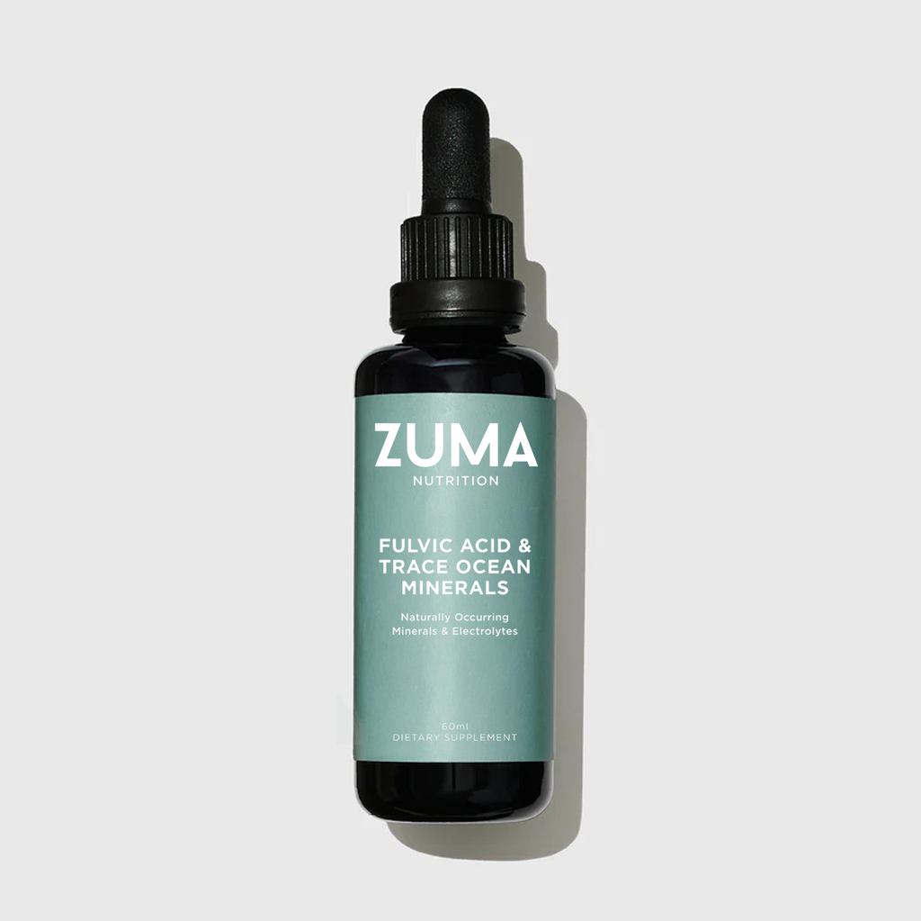 A 60ml dropper bottle of Zuma Nutrition Fulvic Acid & Trace Ocean Minerals, featuring a dark teal label and black dropper cap on a light gray background.