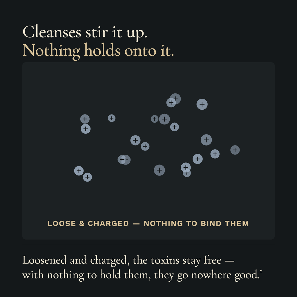 A dark promotional graphic with text reading 'Cleanses stir it up. Nothing holds onto it.