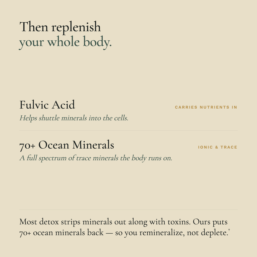 A beige promotional graphic with dark green text reading 'Then replenish your whole body.' and product benefits for Fulvic Acid and 70+ Ocean Minerals, plus a quote at the bottom.